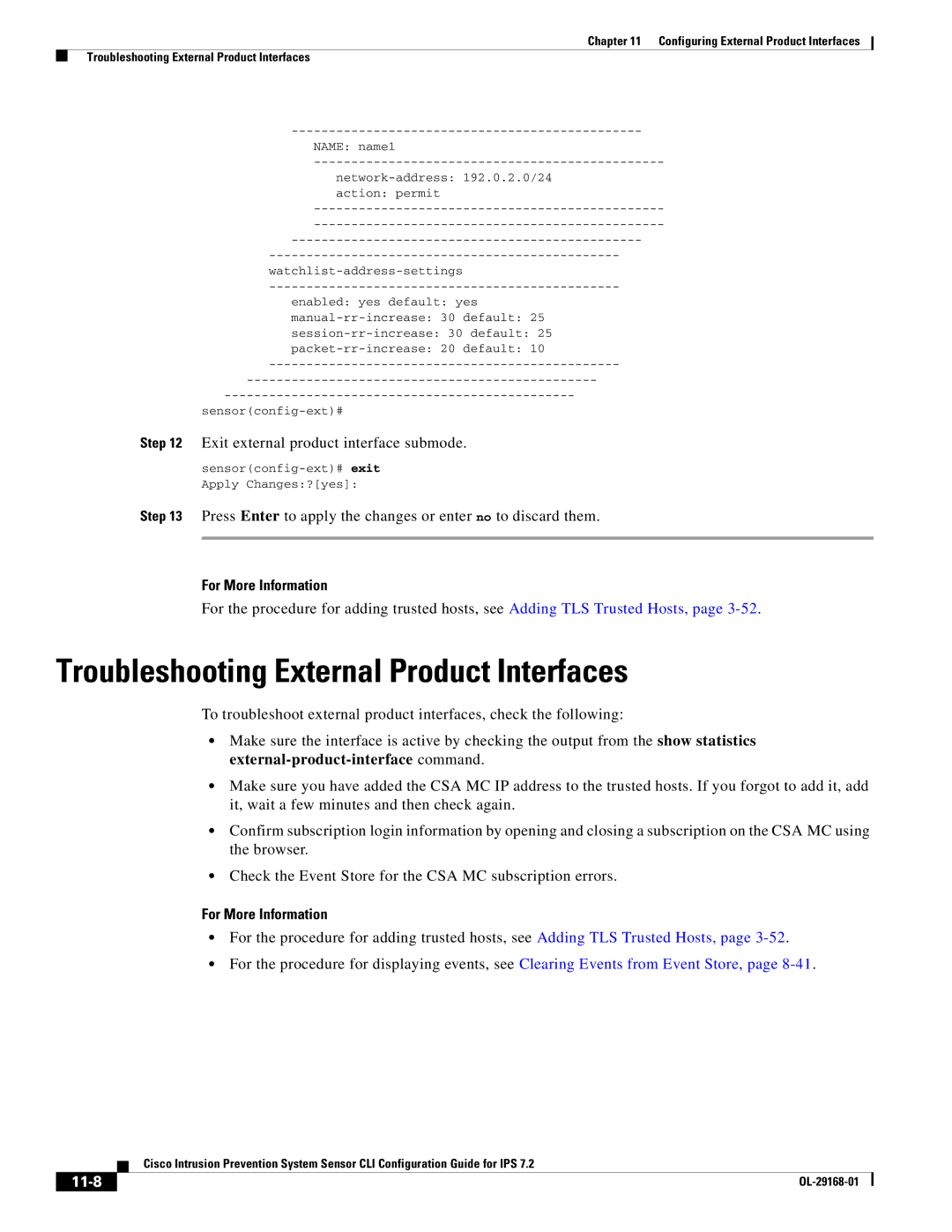 Cisco Systems IPS4510K9 manual Troubleshooting External Product Interfaces, Exit external product interface submode, 11-8 