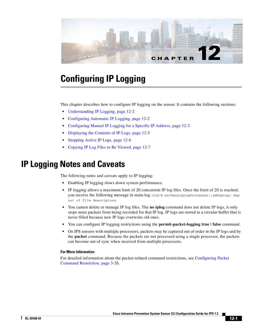 Cisco Systems IPS4510K9 manual IP Logging Notes and Caveats, 12-1 