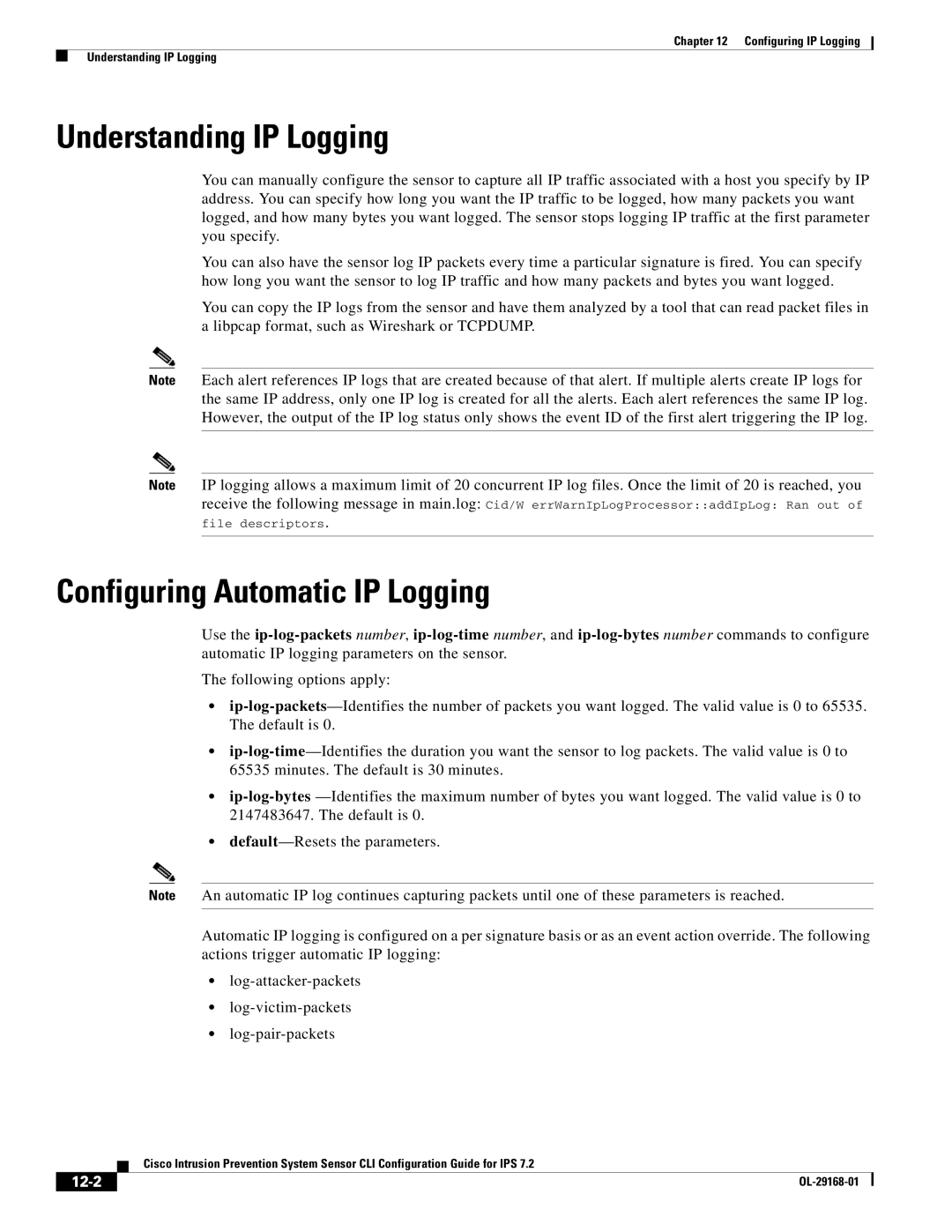 Cisco Systems IPS4510K9 manual Understanding IP Logging, Configuring Automatic IP Logging, 12-2 