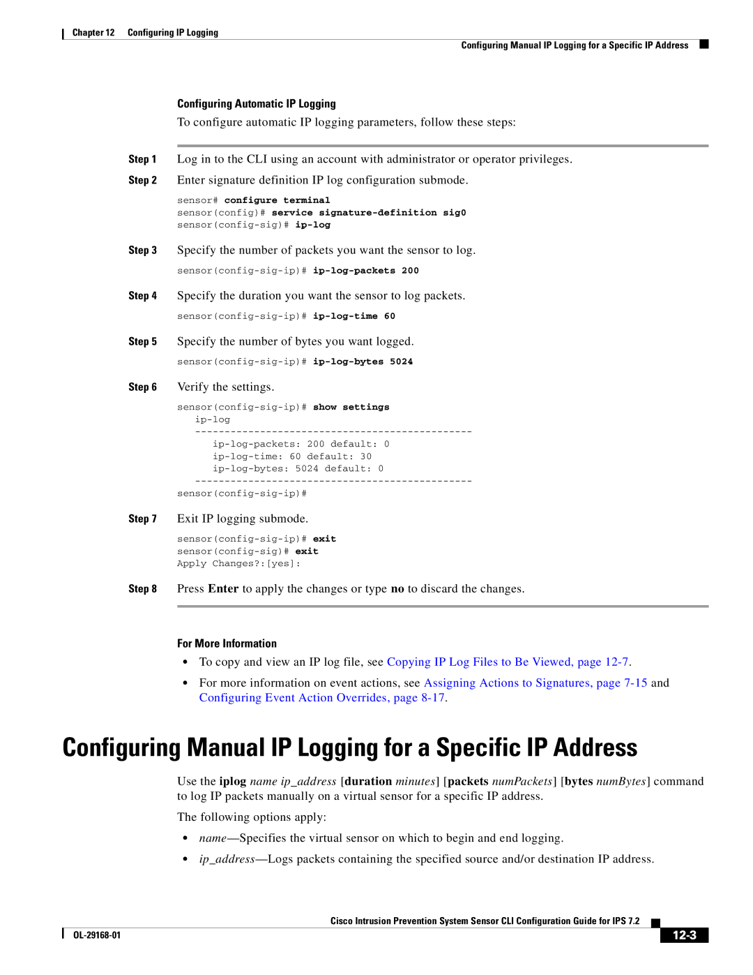 Cisco Systems IPS4510K9 manual Configuring Automatic IP Logging, 12-3 