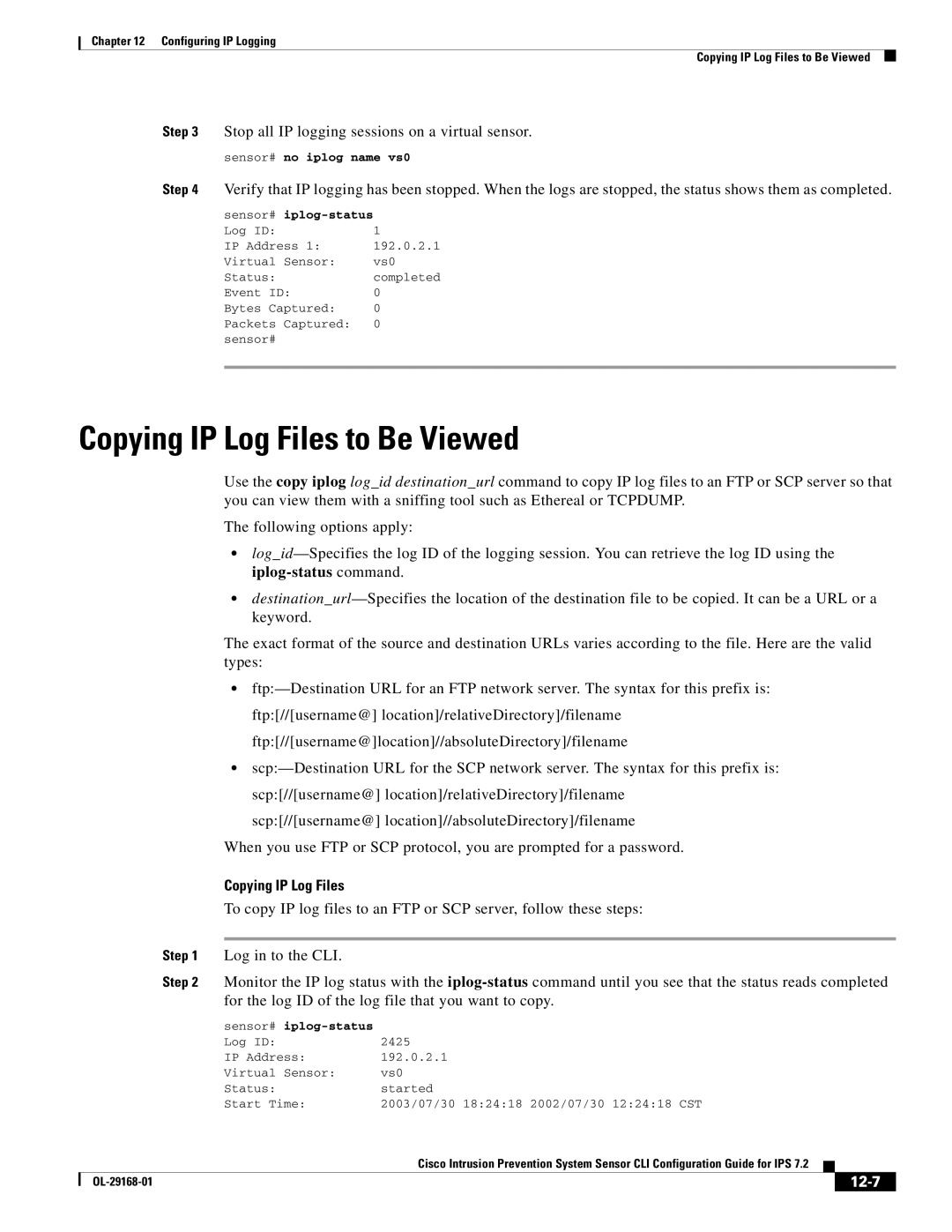 Cisco Systems IPS4510K9 manual Copying IP Log Files to Be Viewed, Stop all IP logging sessions on a virtual sensor, 12-7 