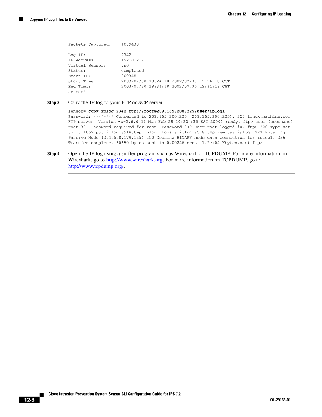 Cisco Systems IPS4510K9 manual Copy the IP log to your FTP or SCP server, 12-8 