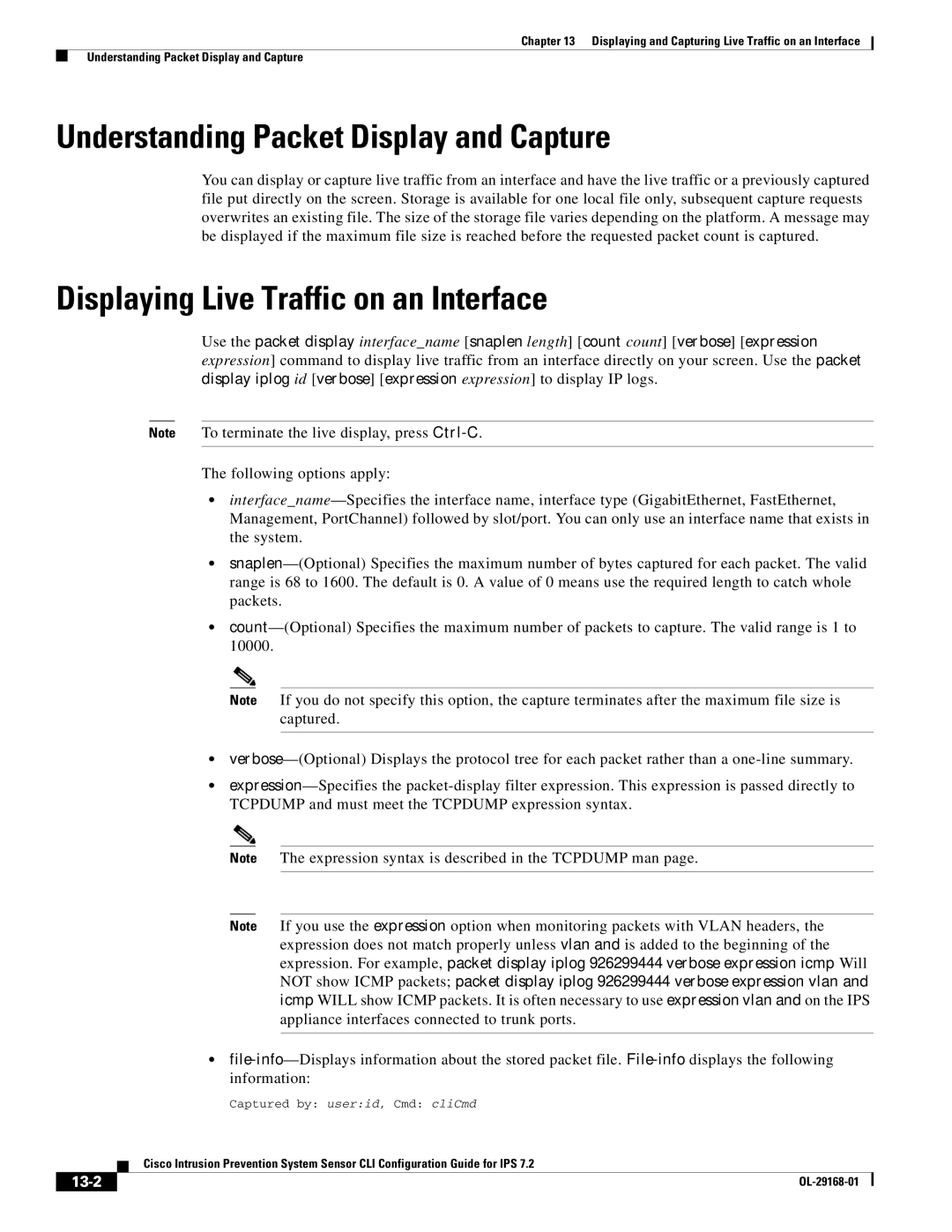 Cisco Systems IPS4510K9 manual Understanding Packet Display and Capture, Displaying Live Traffic on an Interface, 13-2 