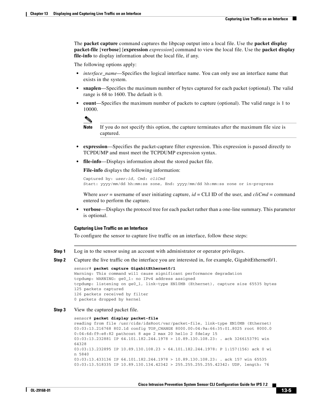 Cisco Systems IPS4510K9 manual Capturing Live Traffic on an Interface, View the captured packet file, 13-5 