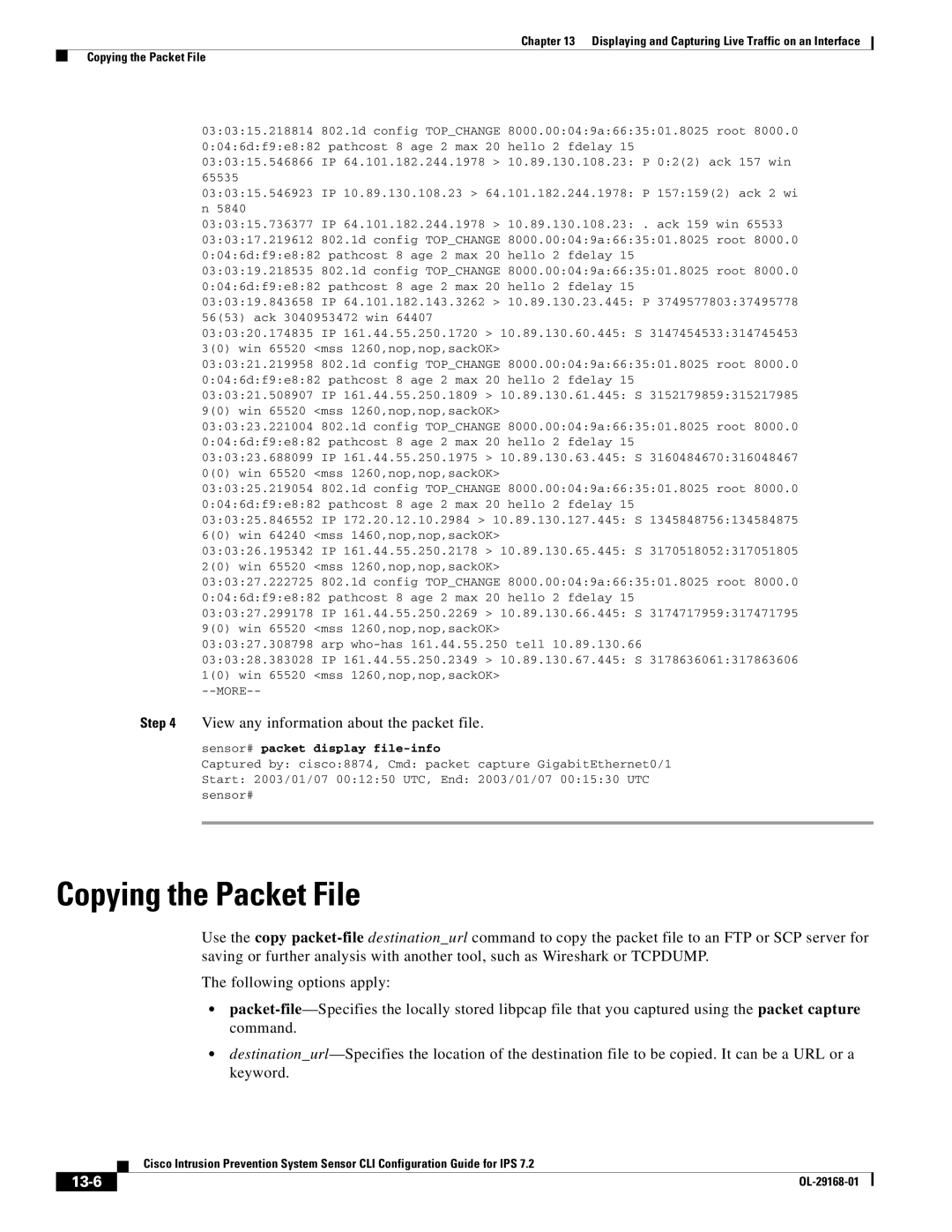 Cisco Systems IPS4510K9 manual Copying the Packet File, View any information about the packet file, 13-6 