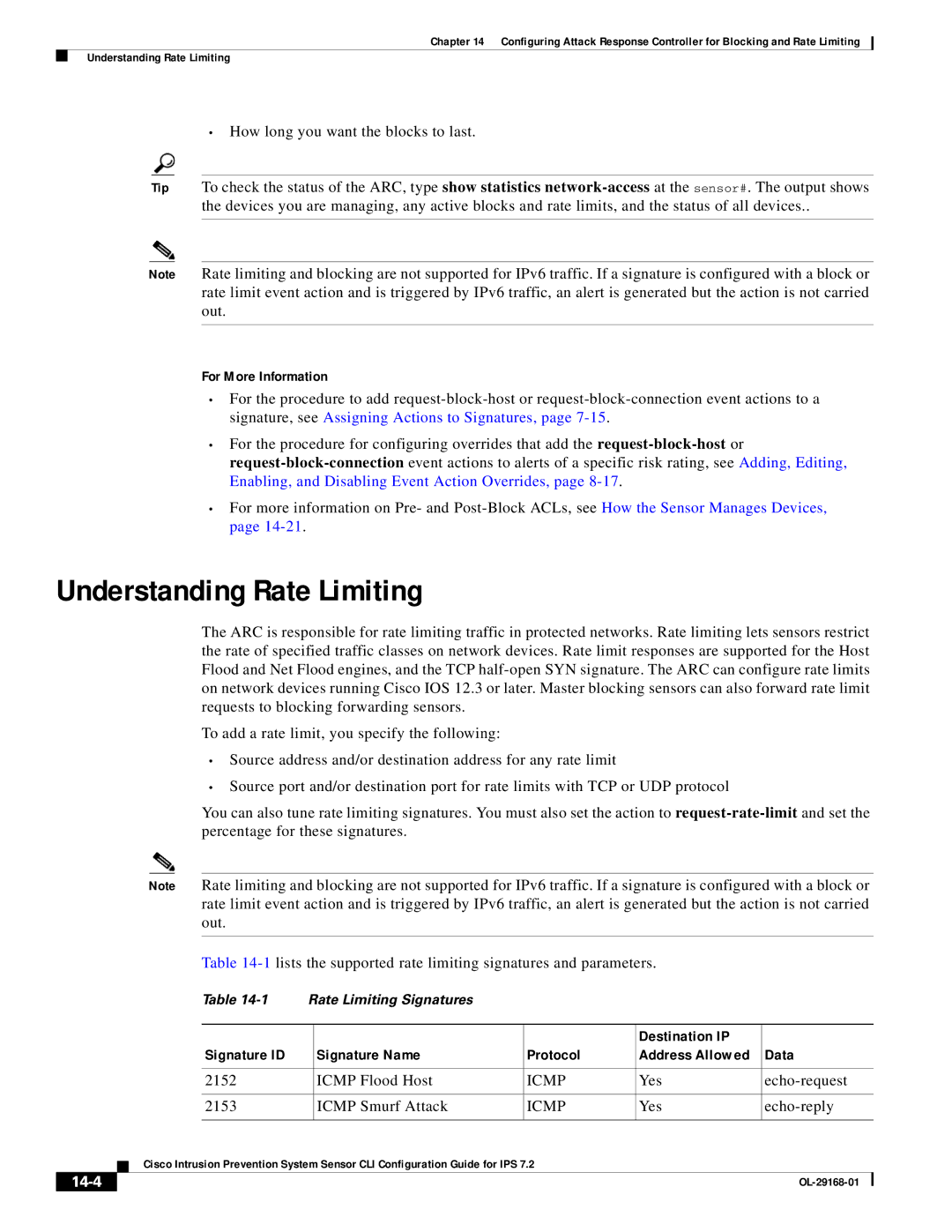 Cisco Systems IPS4510K9 Understanding Rate Limiting, Destination IP Signature ID Signature Name Protocol, Data, Icmp, 14-4 