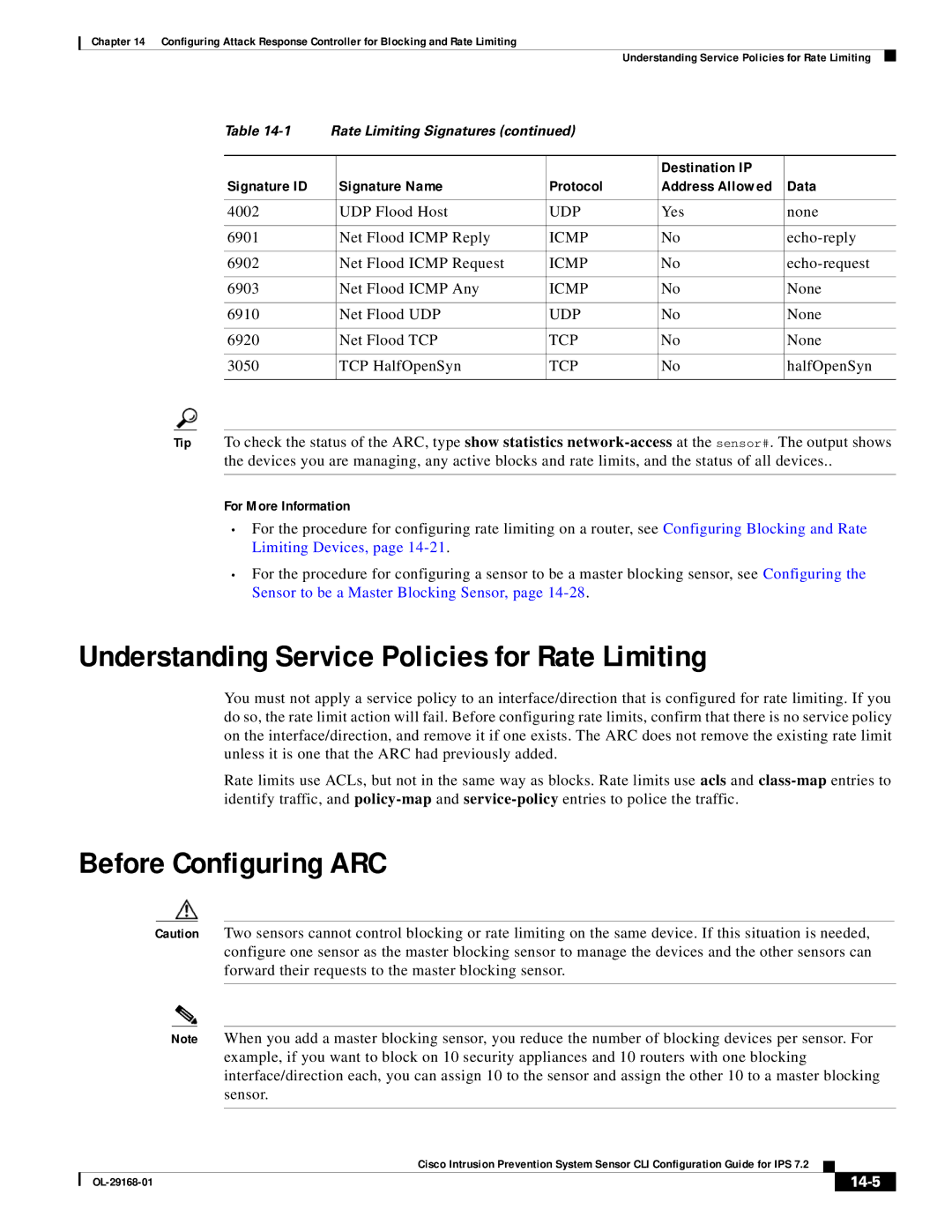 Cisco Systems IPS4510K9 manual Understanding Service Policies for Rate Limiting, Before Configuring ARC, Udp, Tcp, 14-5 