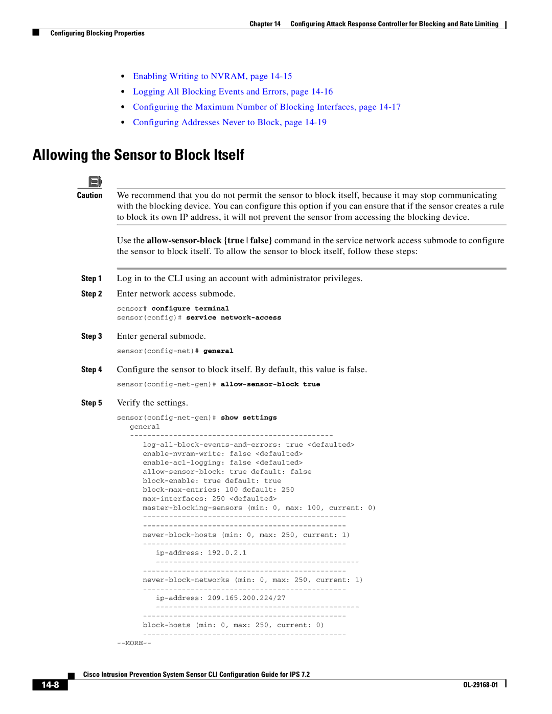 Cisco Systems IPS4510K9 manual Allowing the Sensor to Block Itself, Enter network access submode, 14-8 