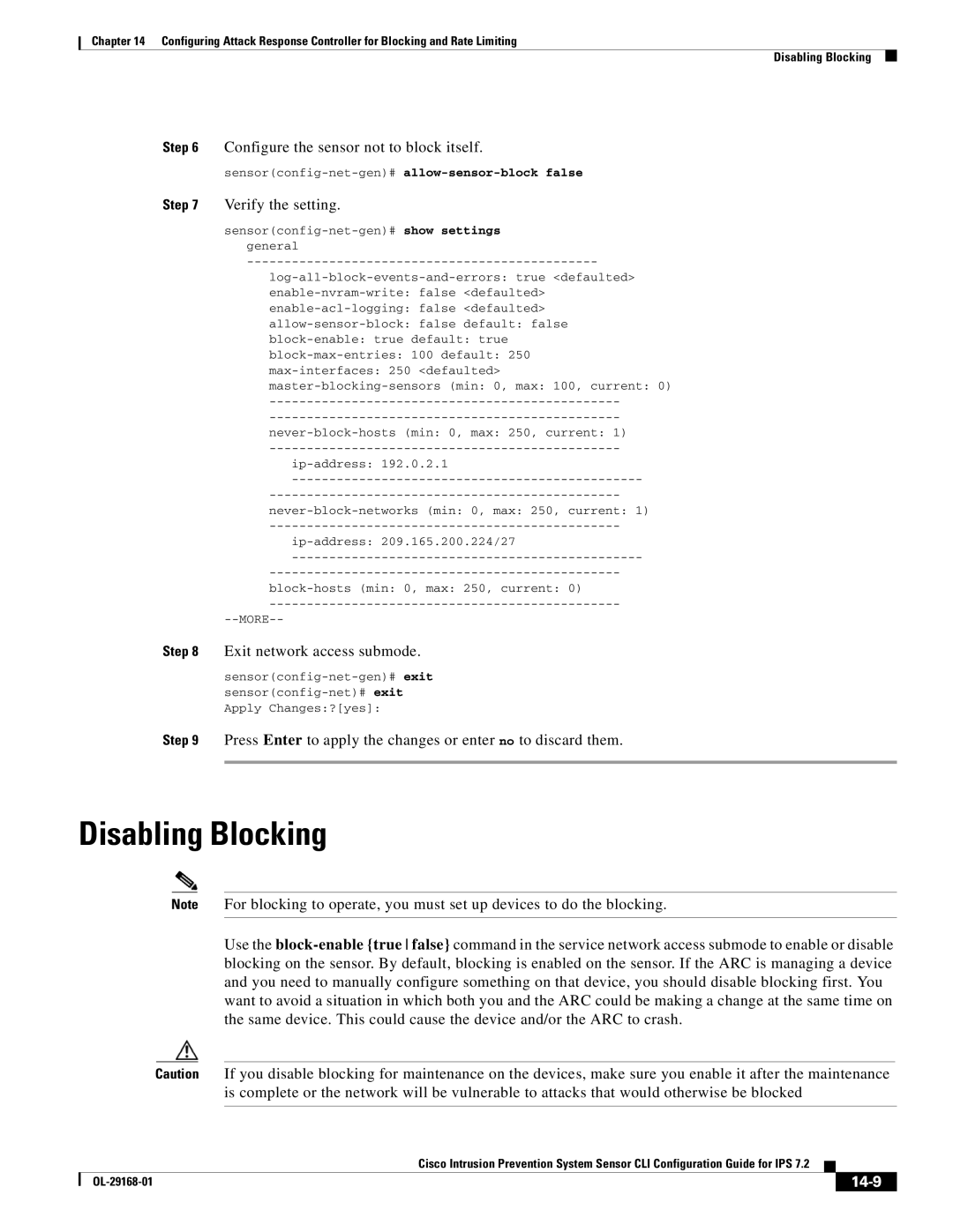 Cisco Systems IPS4510K9 Disabling Blocking, Configure the sensor not to block itself, Exit network access submode, 14-9 