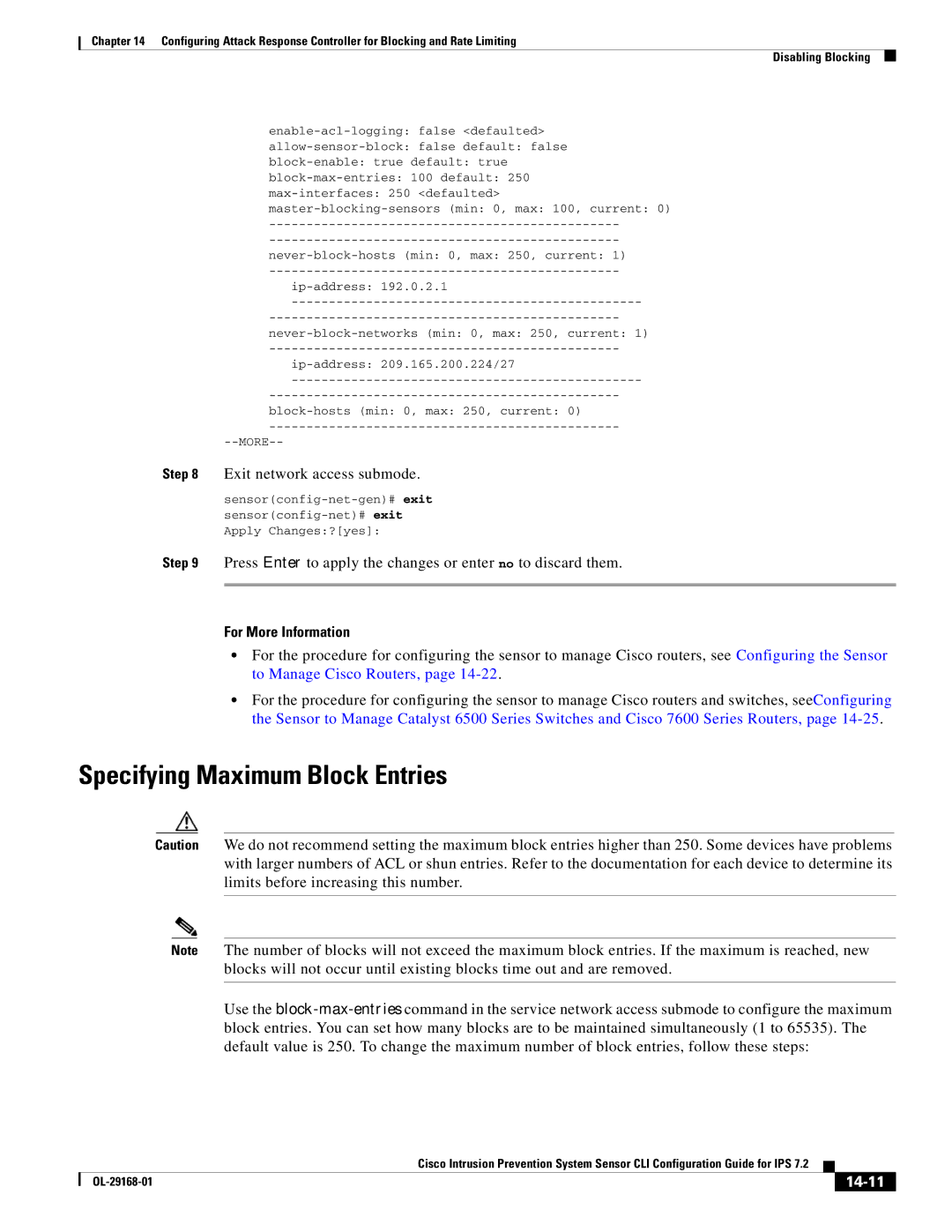 Cisco Systems IPS4510K9 manual Specifying Maximum Block Entries, 14-11 