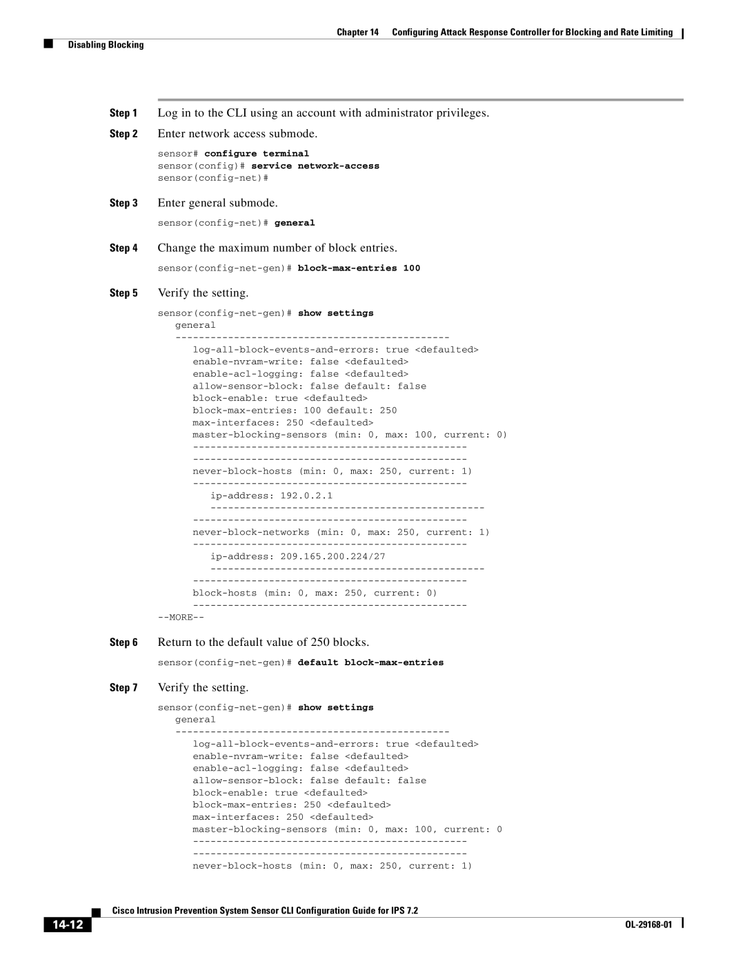 Cisco Systems IPS4510K9 manual Change the maximum number of block entries, Return to the default value of 250 blocks, 14-12 