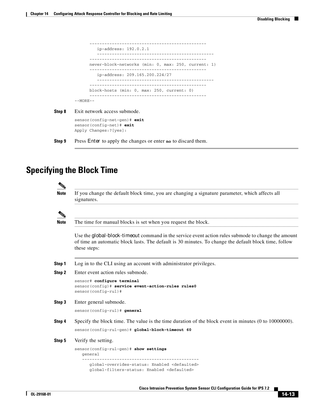 Cisco Systems IPS4510K9 Specifying the Block Time, Signatures, Time for manual blocks is set when you request the block 