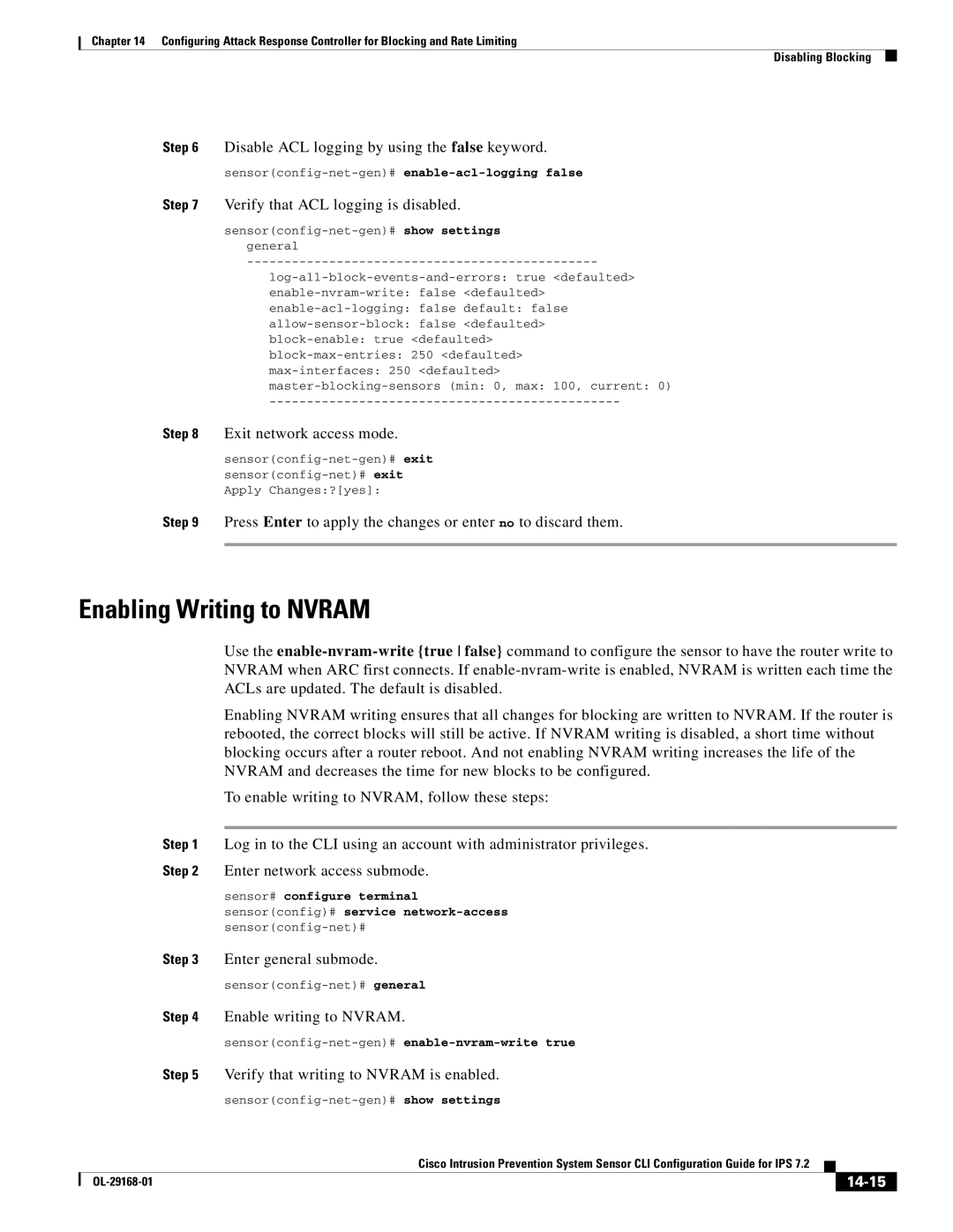 Cisco Systems IPS4510K9 manual Enabling Writing to Nvram, 14-15 