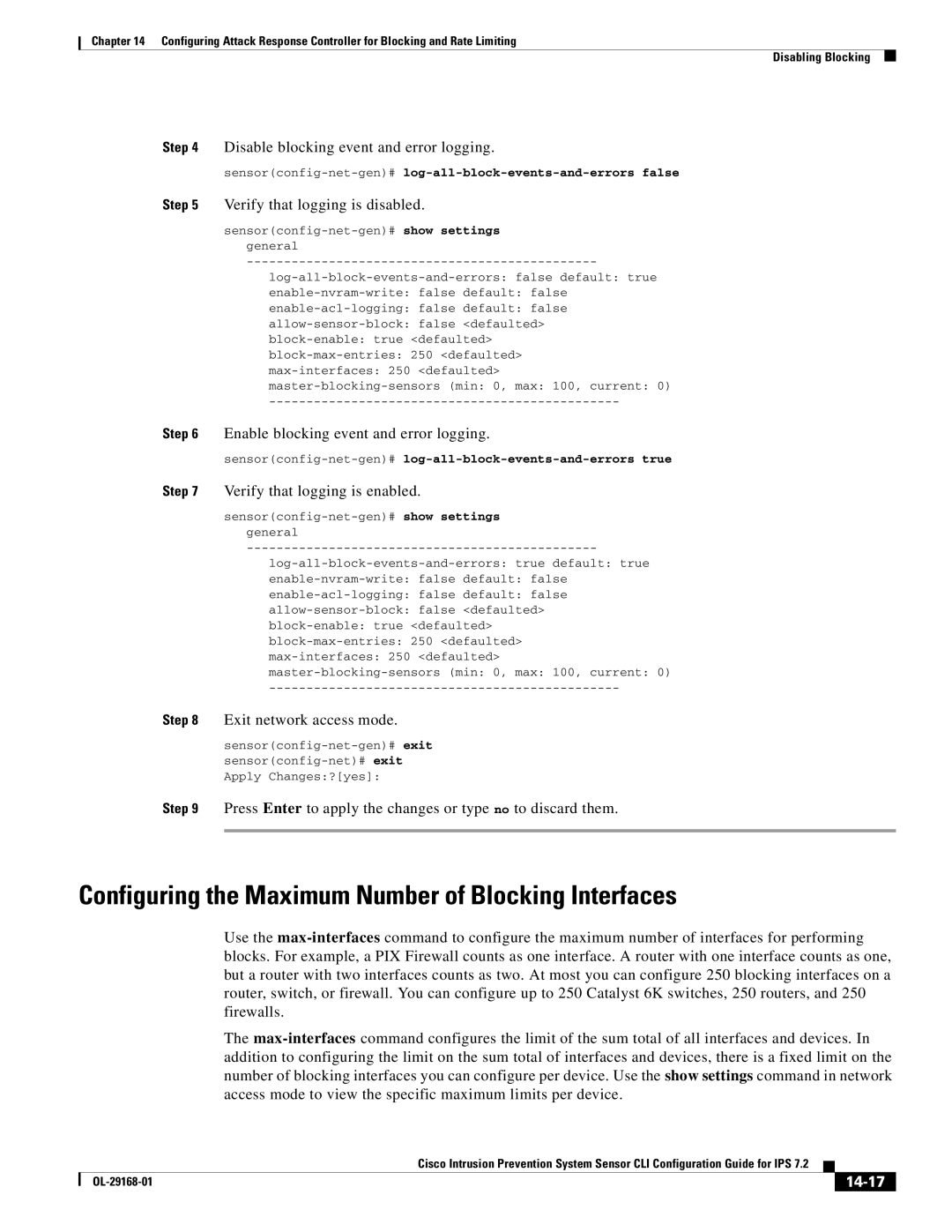 Cisco Systems IPS4510K9 manual Configuring the Maximum Number of Blocking Interfaces, 14-17 