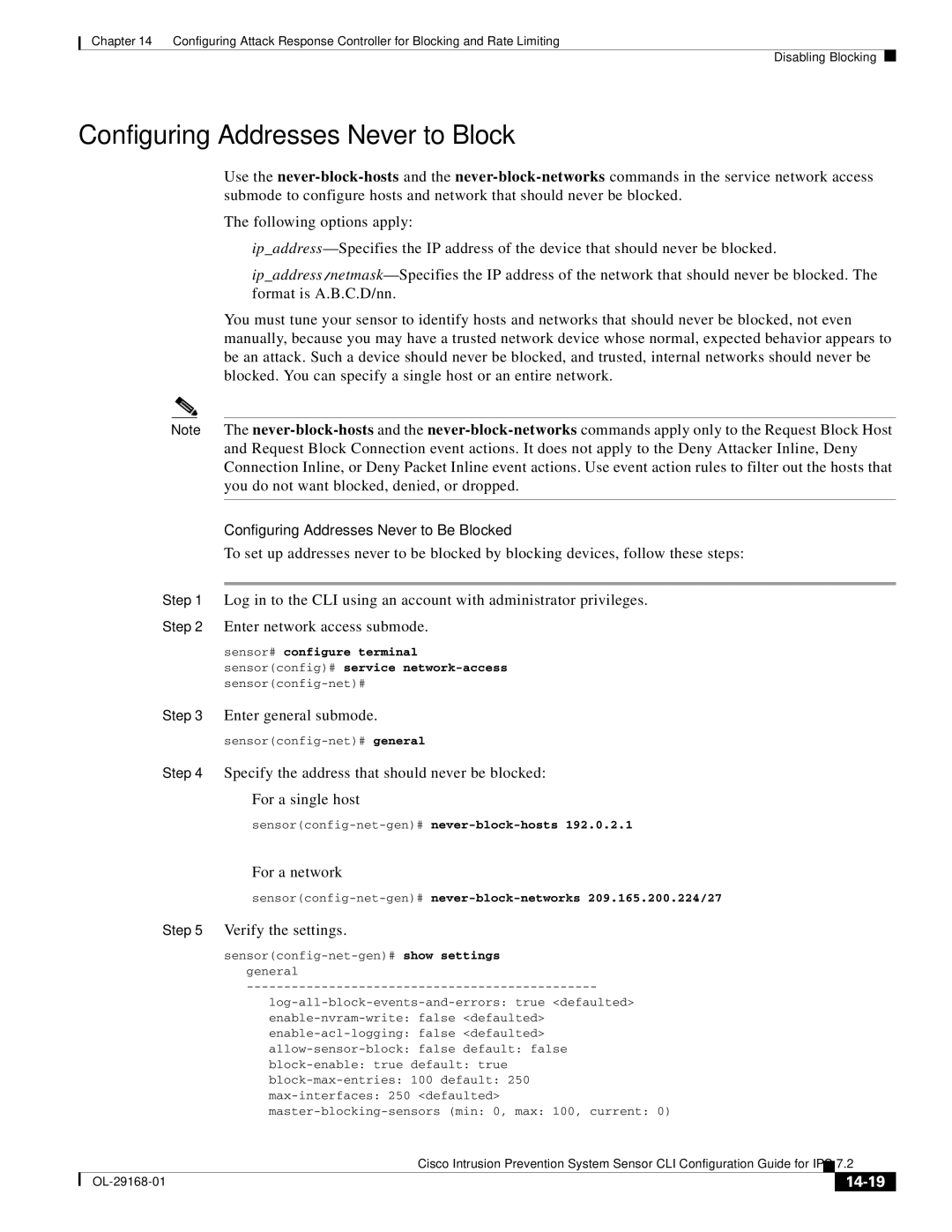 Cisco Systems IPS4510K9 Configuring Addresses Never to Block, Configuring Addresses Never to Be Blocked, For a network 