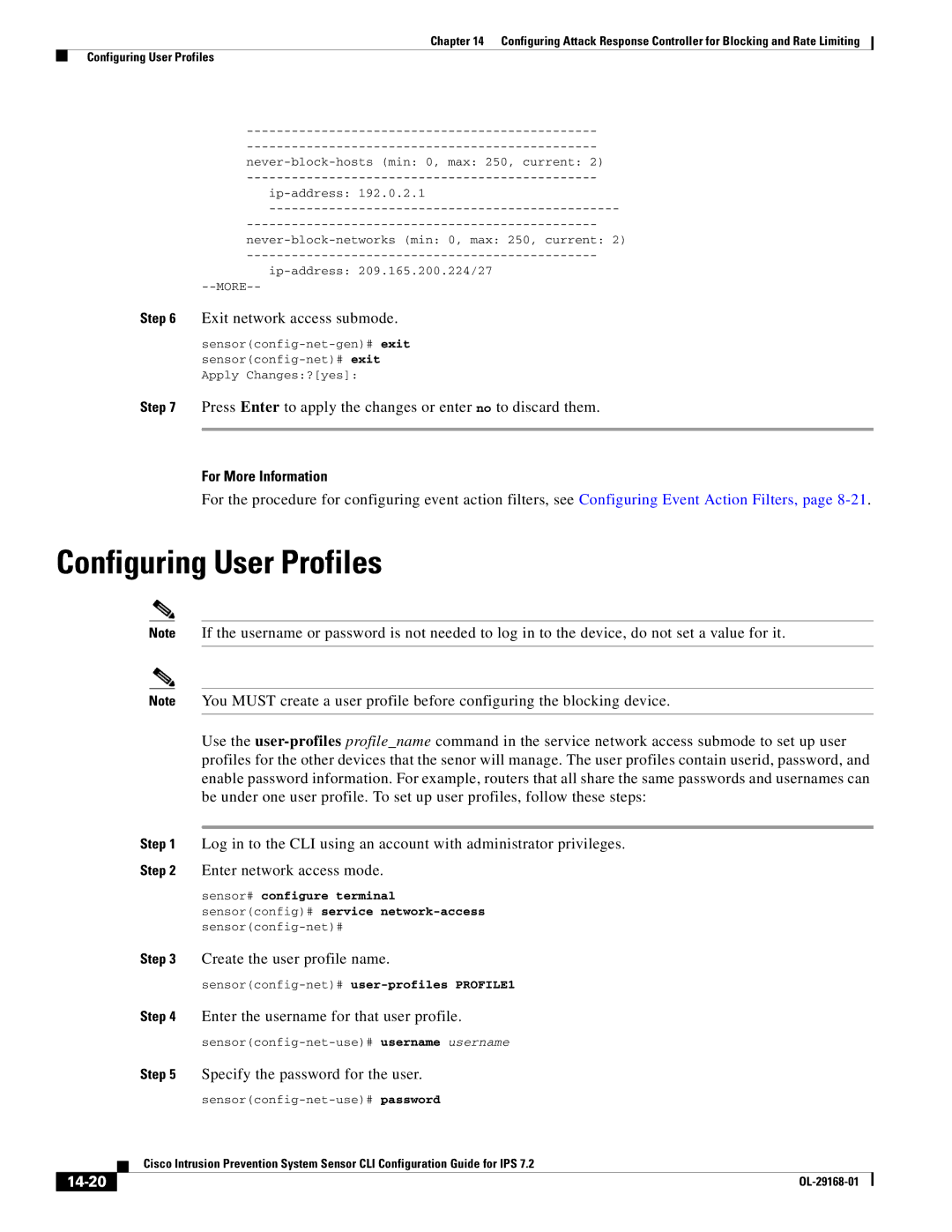 Cisco Systems IPS4510K9 Configuring User Profiles, Create the user profile name, Enter the username for that user profile 