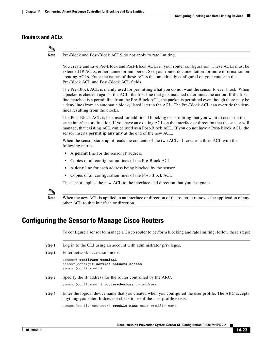 Cisco Systems IPS4510K9 manual Routers and ACLs, Specify the IP address for the router controlled by the ARC, 14-23 