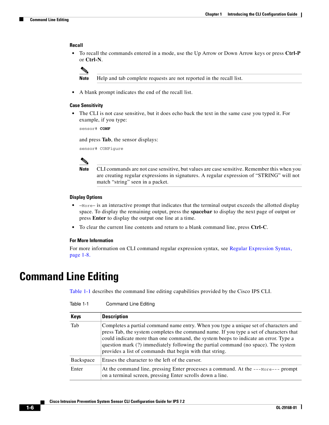 Cisco Systems IPS4510K9 manual Command Line Editing, Recall, Case Sensitivity, Display Options, Keys Description 