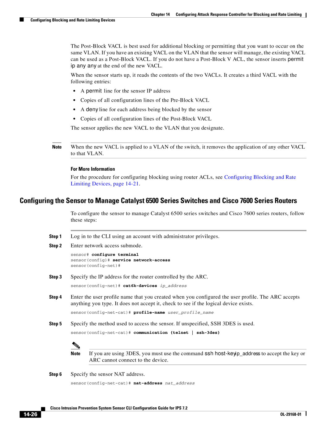 Cisco Systems IPS4510K9 manual 14-26, Sensorconfig-net-cat#communication telnet ssh-3des 