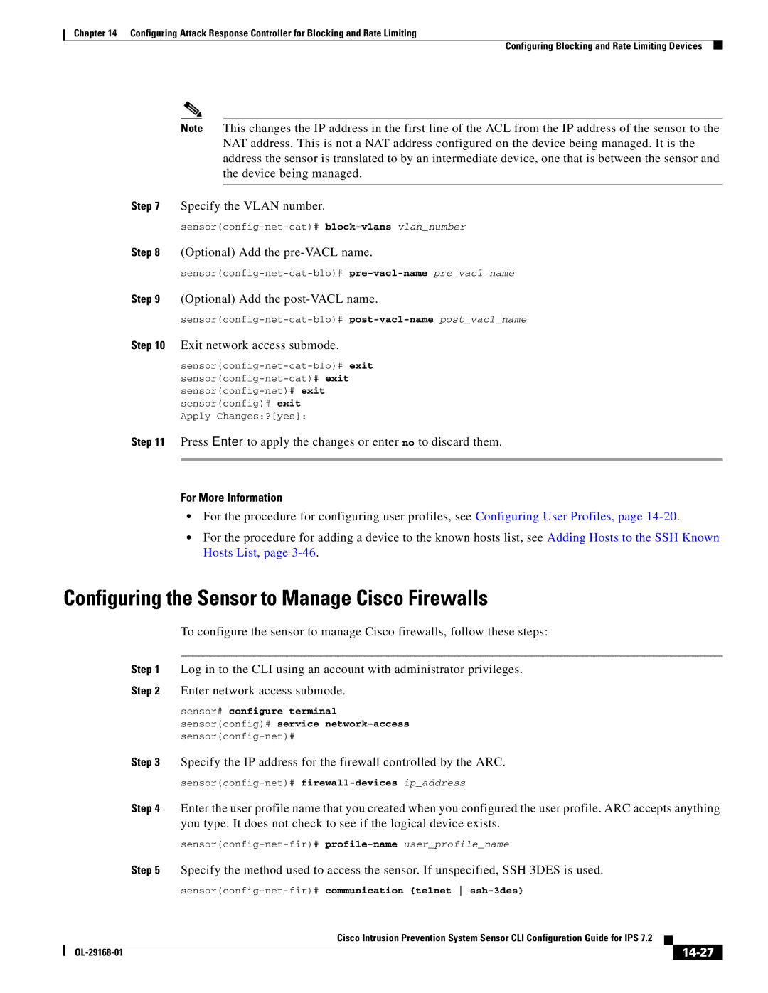 Cisco Systems IPS4510K9 manual Configuring the Sensor to Manage Cisco Firewalls, Specify the Vlan number, 14-27 