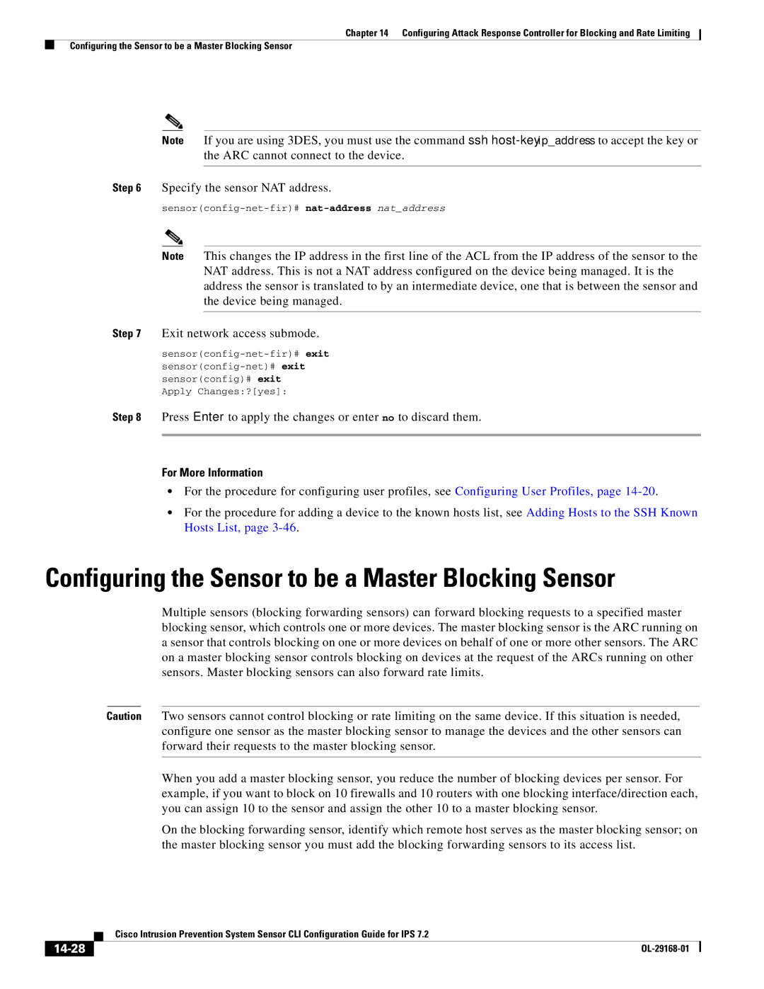 Cisco Systems IPS4510K9 manual Configuring the Sensor to be a Master Blocking Sensor, 14-28 