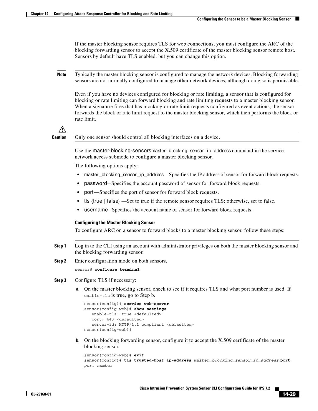 Cisco Systems IPS4510K9 manual Configuring the Master Blocking Sensor, 14-29, Sensorconfig-web# exit 