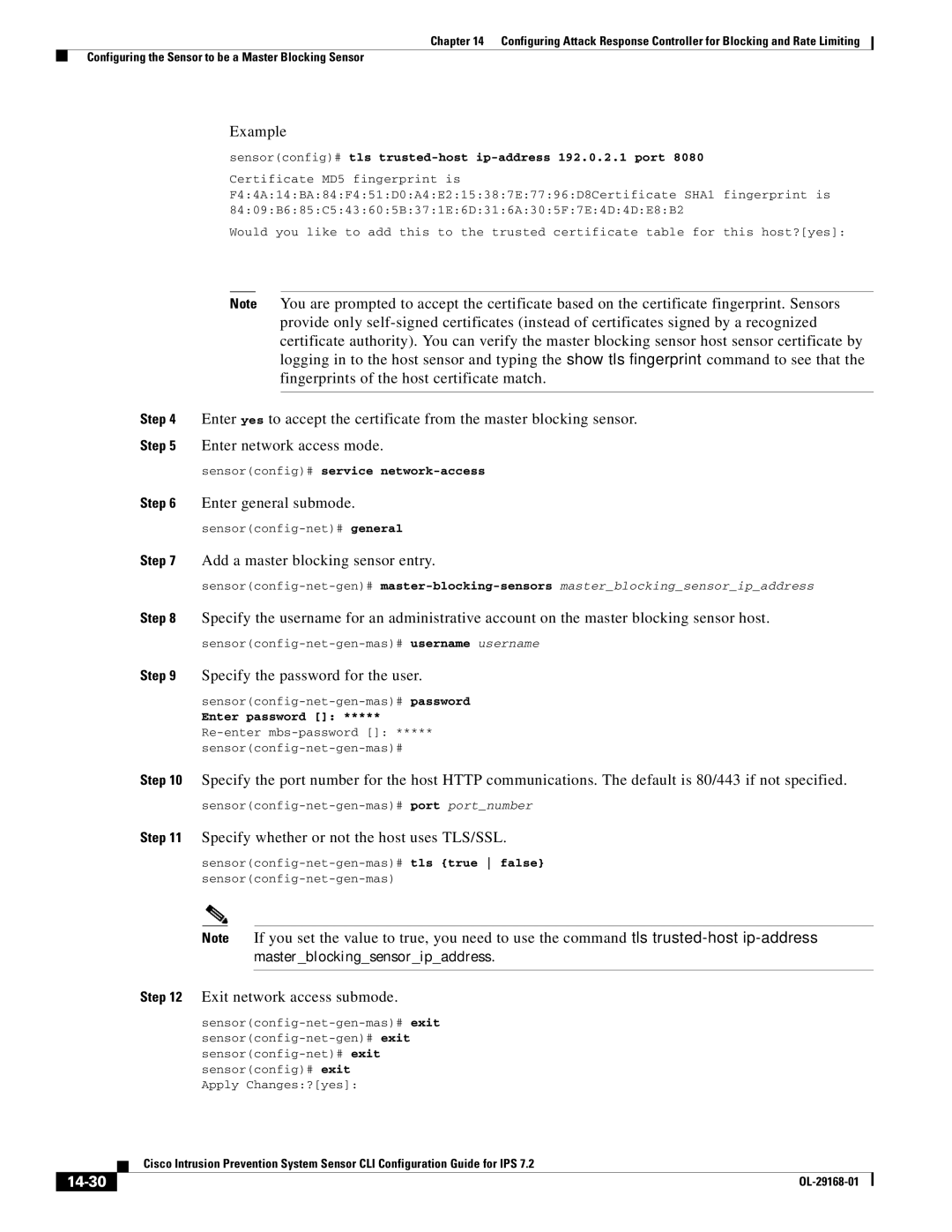 Cisco Systems IPS4510K9 manual Add a master blocking sensor entry, Specify whether or not the host uses TLS/SSL, 14-30 