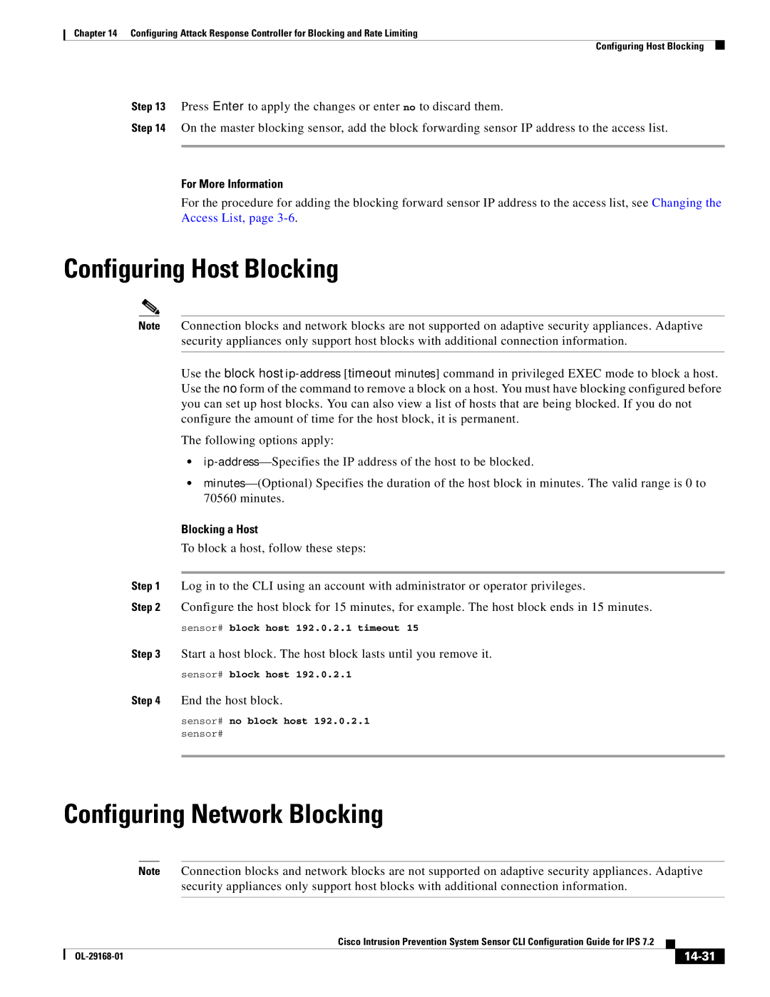 Cisco Systems IPS4510K9 manual Configuring Host Blocking, Configuring Network Blocking, Blocking a Host, End the host block 