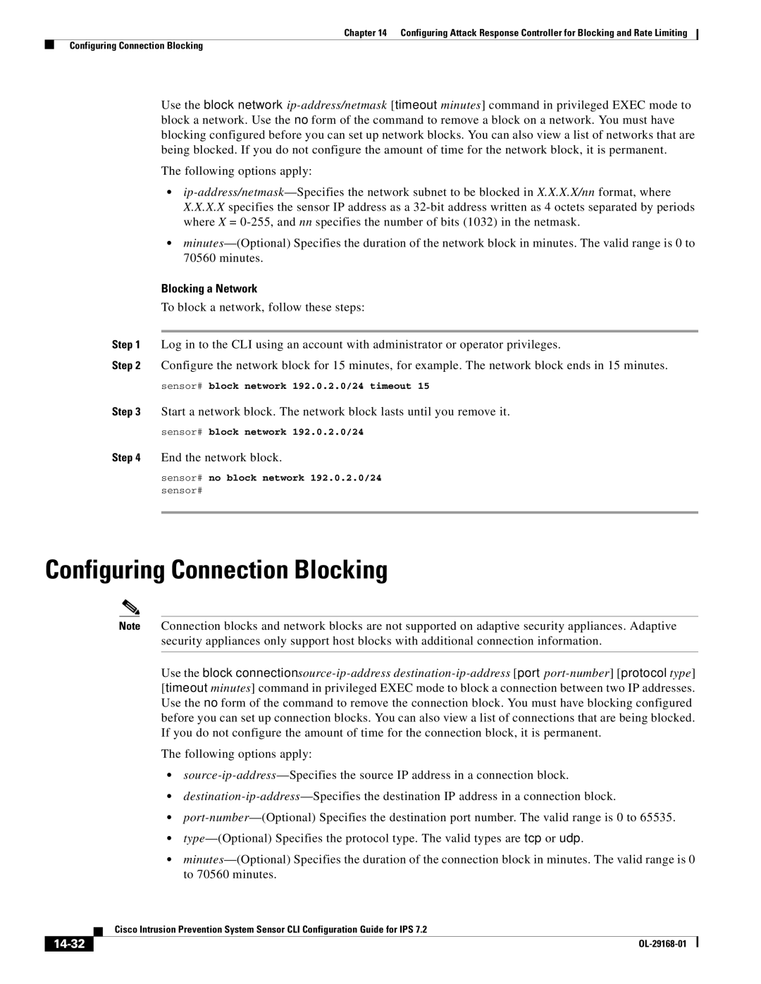 Cisco Systems IPS4510K9 manual Configuring Connection Blocking, Blocking a Network, End the network block, 14-32 