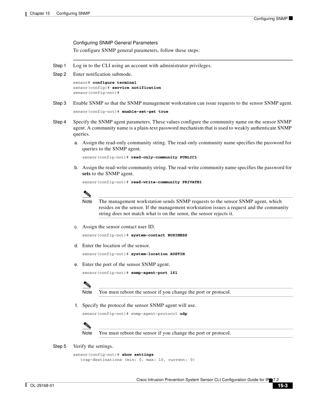 Cisco Systems IPS4510K9 manual Configuring Snmp General Parameters, 15-3 