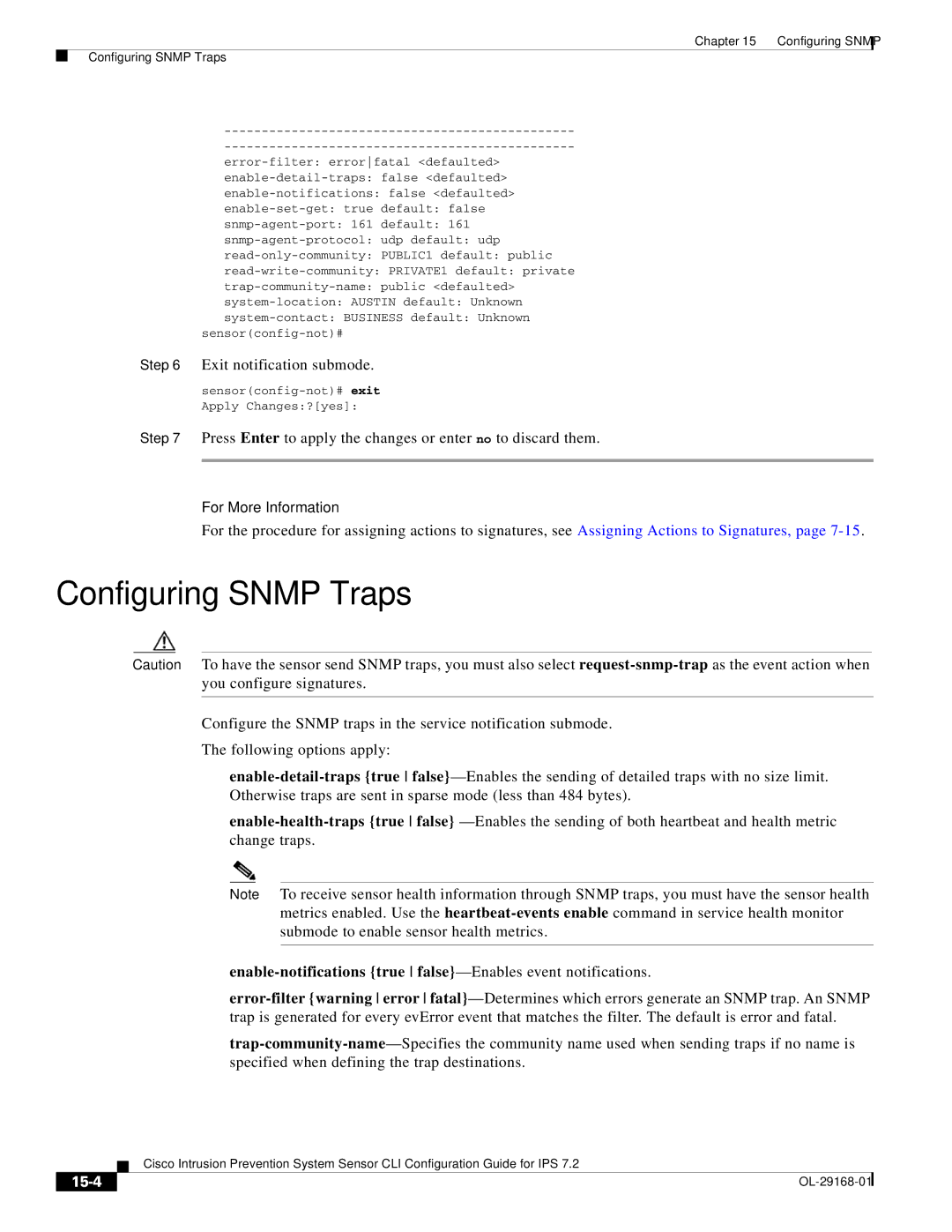 Cisco Systems IPS4510K9 manual Configuring Snmp Traps, Exit notification submode, 15-4 