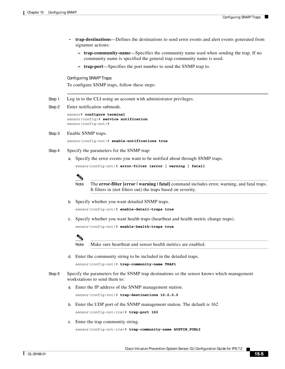 Cisco Systems IPS4510K9 Configuring Snmp Traps, Enable Snmp traps, Specify whether you want detailed Snmp traps, 15-5 