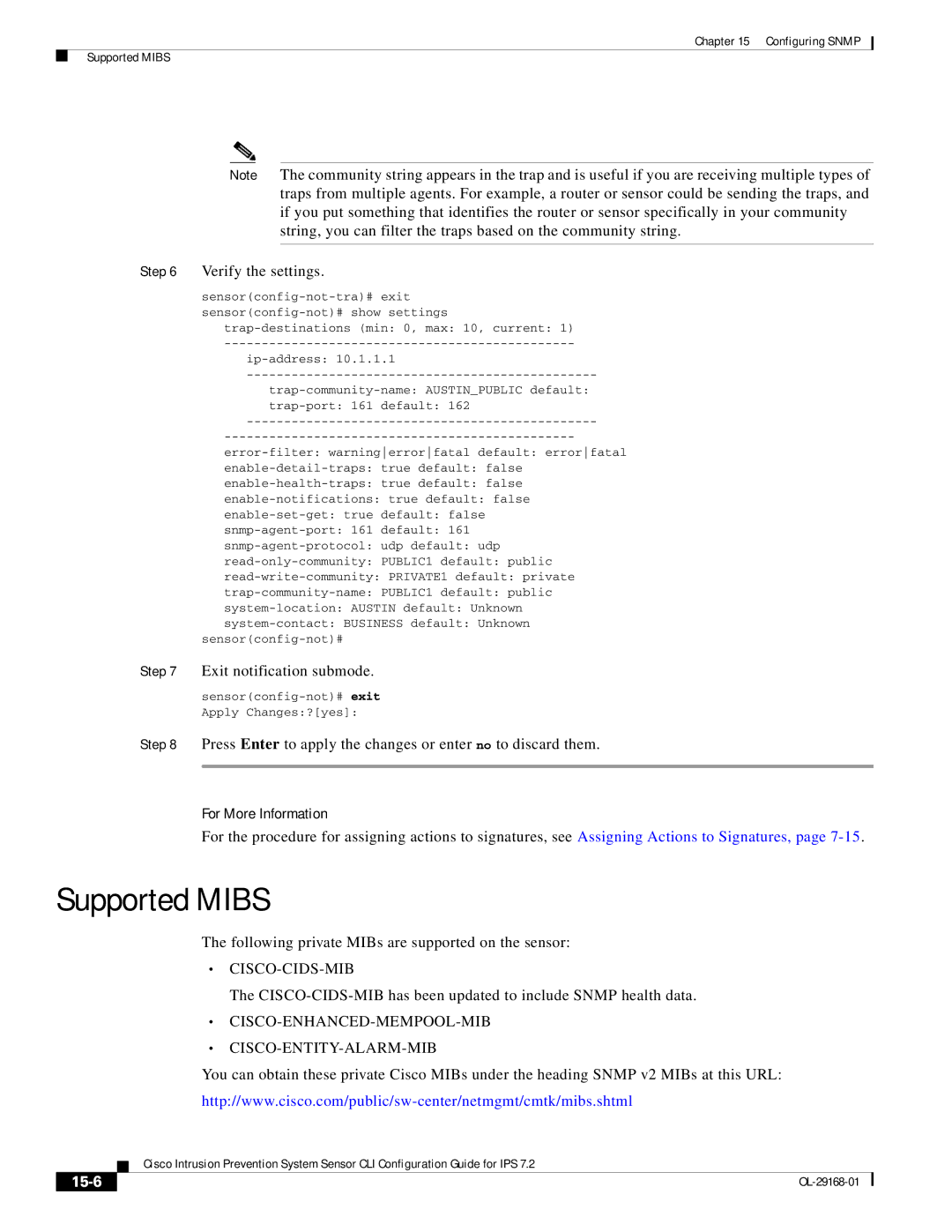 Cisco Systems IPS4510K9 manual Supported Mibs, Cisco-Cids-Mib, Cisco-Enhanced-Mempool-Mib Cisco-Entity-Alarm-Mib, 15-6 