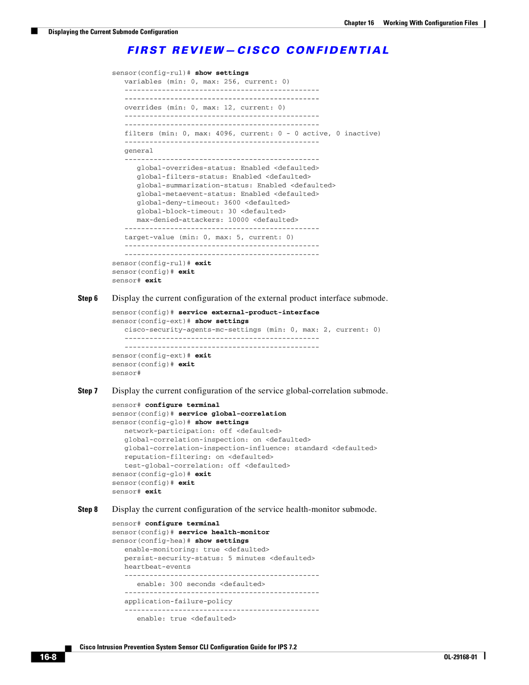 Cisco Systems IPS4510K9 manual 16-8, Sensorconfig# service health-monitor 