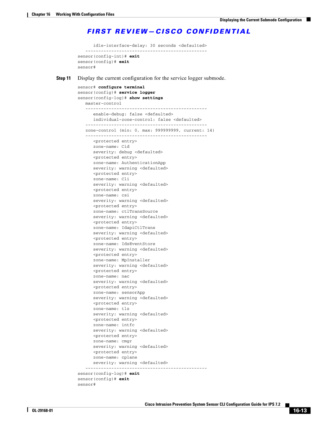 Cisco Systems IPS4510K9 manual 16-13, Severity warning defaulted protected entry zone-name csi 