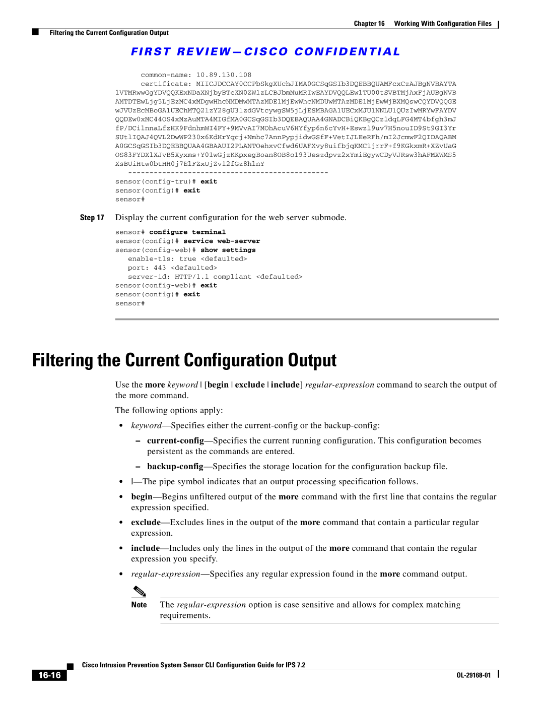 Cisco Systems IPS4510K9 manual Filtering the Current Configuration Output, 16-16 