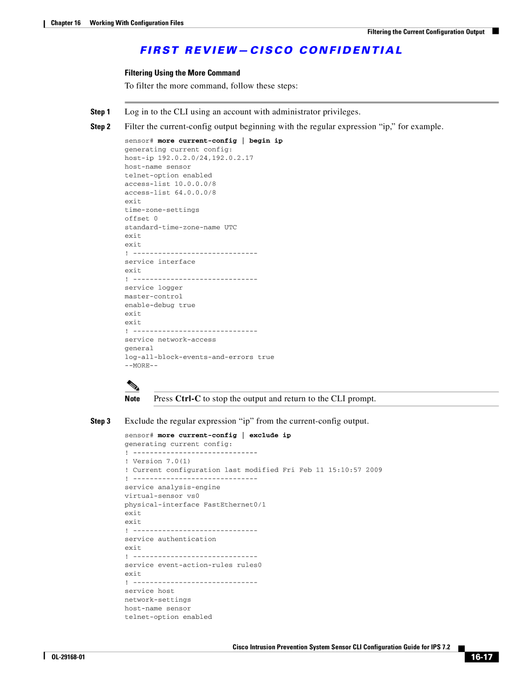 Cisco Systems IPS4510K9 manual Filtering Using the More Command, To filter the more command, follow these steps, 16-17 