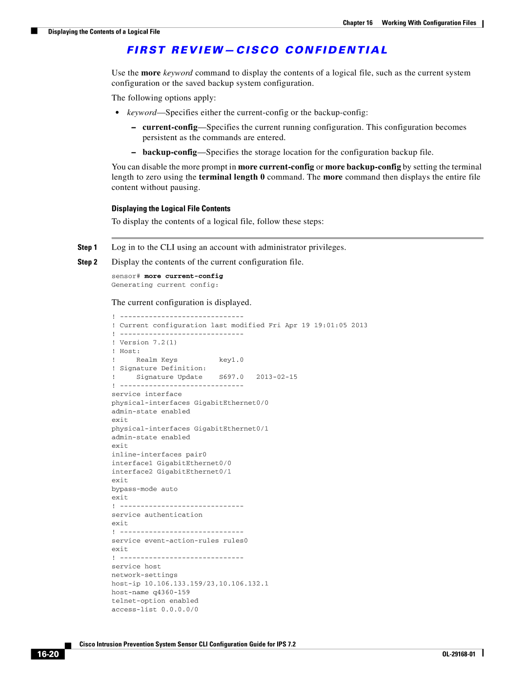 Cisco Systems IPS4510K9 manual Displaying the Logical File Contents, 16-20 