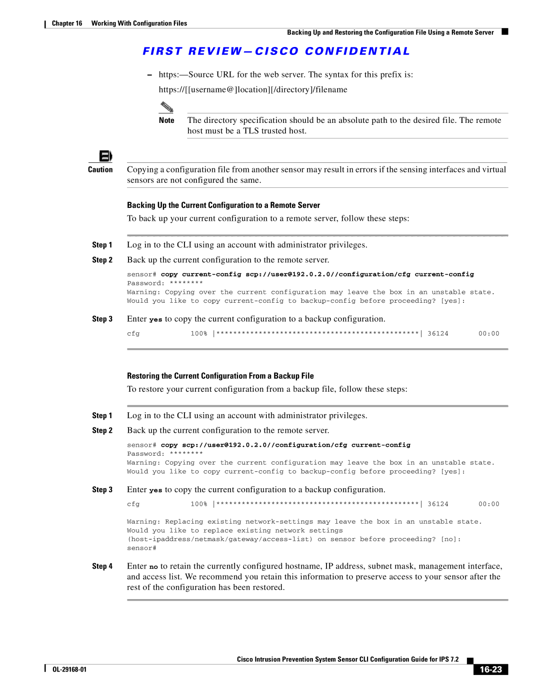 Cisco Systems IPS4510K9 manual Backing Up the Current Configuration to a Remote Server, 16-23 