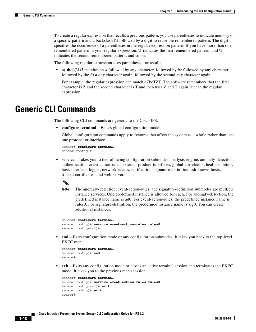 Cisco Systems IPS4510K9 manual Generic CLI Commands, Sensor# configure terminal 