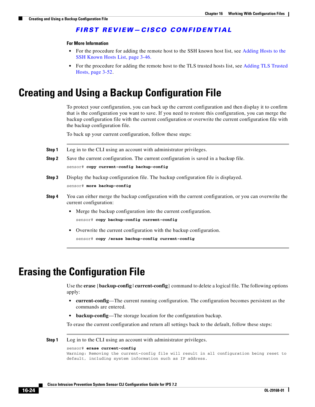 Cisco Systems IPS4510K9 manual Creating and Using a Backup Configuration File, Erasing the Configuration File, 16-24 