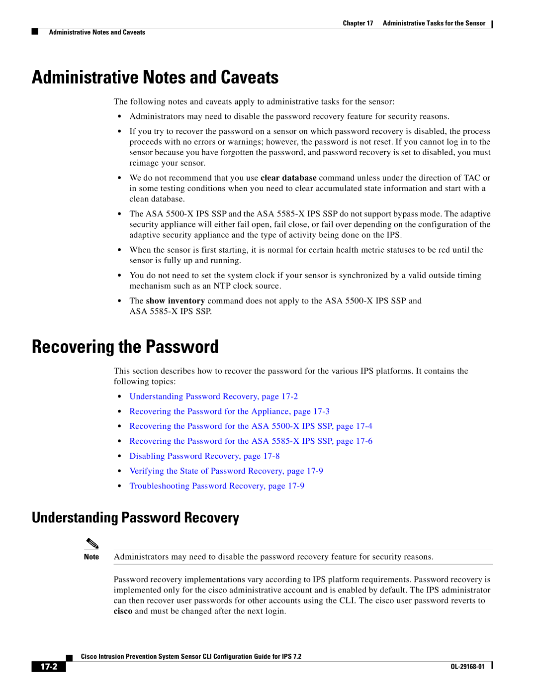 Cisco Systems IPS4510K9 Administrative Notes and Caveats, Recovering the Password, Understanding Password Recovery, 17-2 