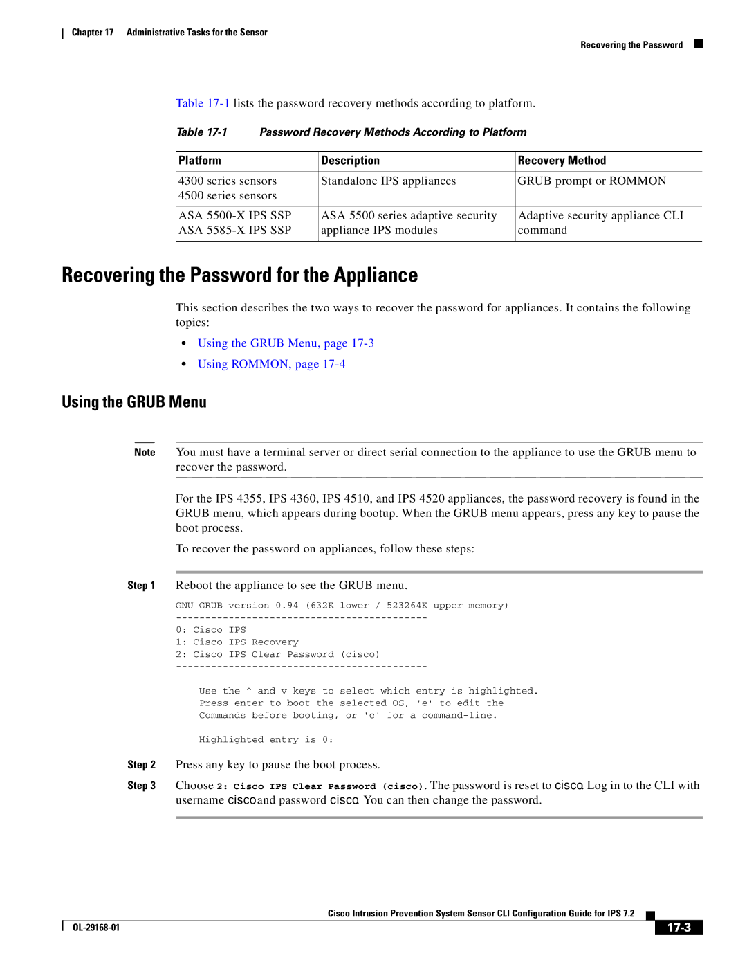 Cisco Systems IPS4510K9 manual Recovering the Password for the Appliance, Using the Grub Menu, 17-3 