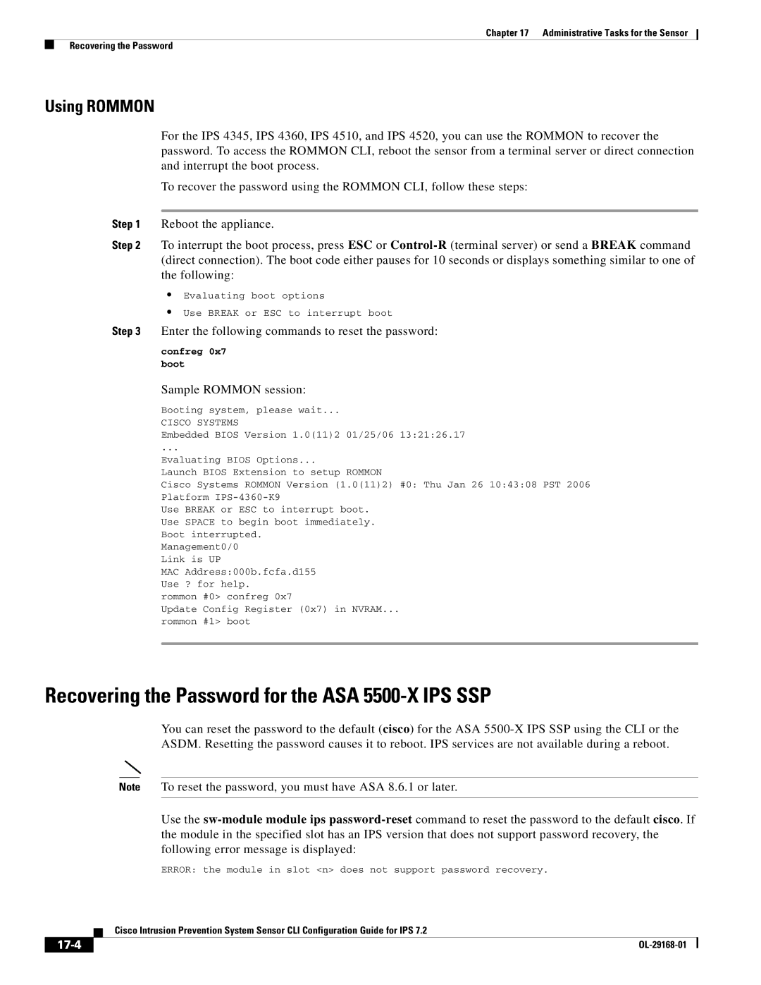 Cisco Systems IPS4510K9 Recovering the Password for the ASA 5500-X IPS SSP, Using Rommon, Sample Rommon session, 17-4 