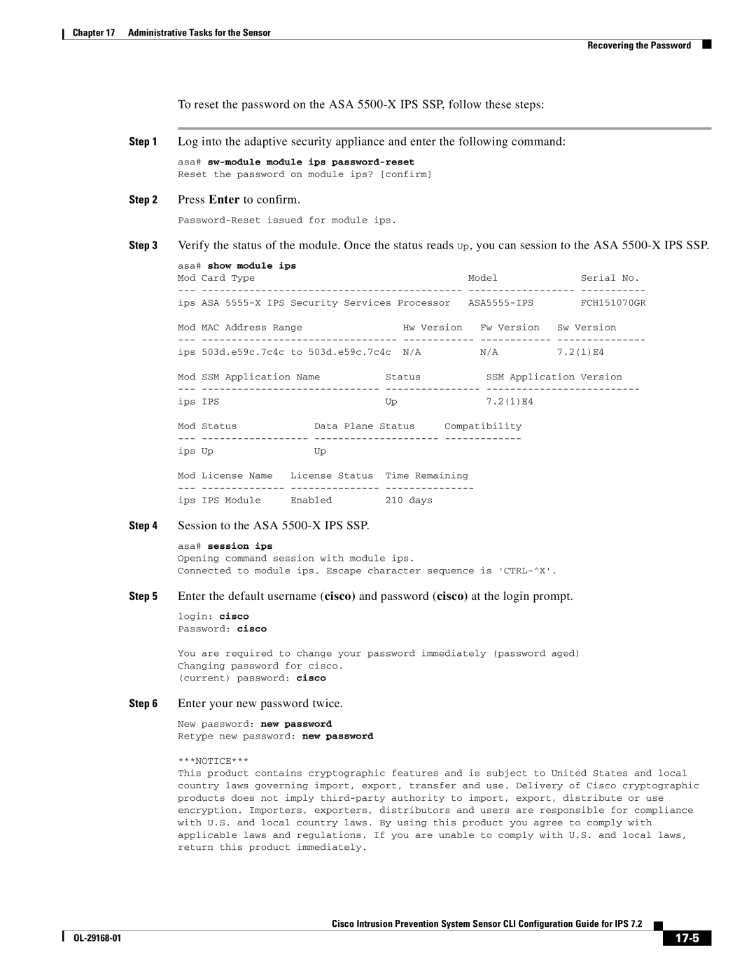 Cisco Systems IPS4510K9 Press Enter to confirm, Session to the ASA 5500-X IPS SSP, Enter your new password twice, 17-5 