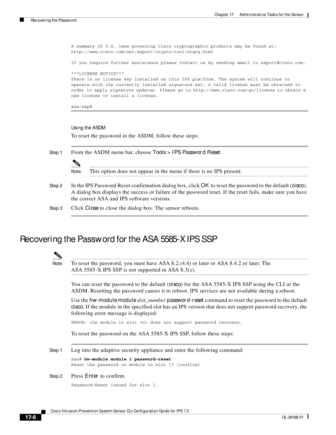 Cisco Systems IPS4510K9 manual Recovering the Password for the ASA 5585-X IPS SSP, Using the Asdm, 17-6 