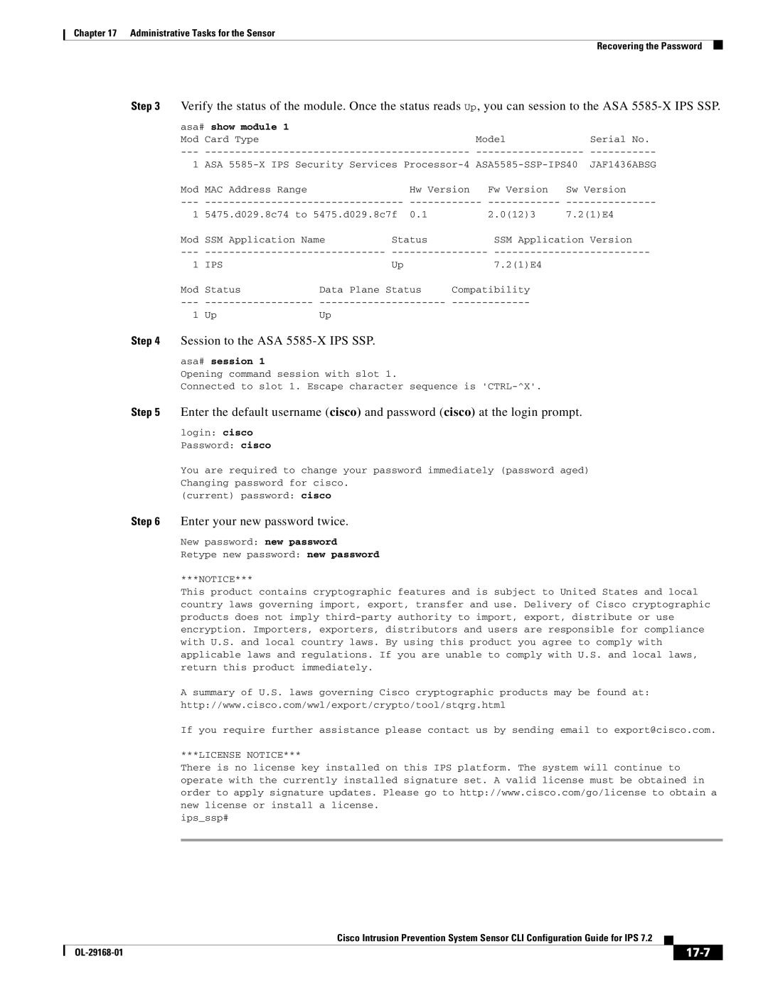 Cisco Systems IPS4510K9 manual Session to the ASA 5585-X IPS SSP, 17-7, Asa# show module 