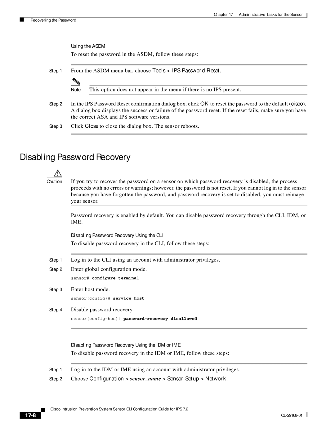 Cisco Systems IPS4510K9 Disabling Password Recovery Using the CLI, Disabling Password Recovery Using the IDM or IME 