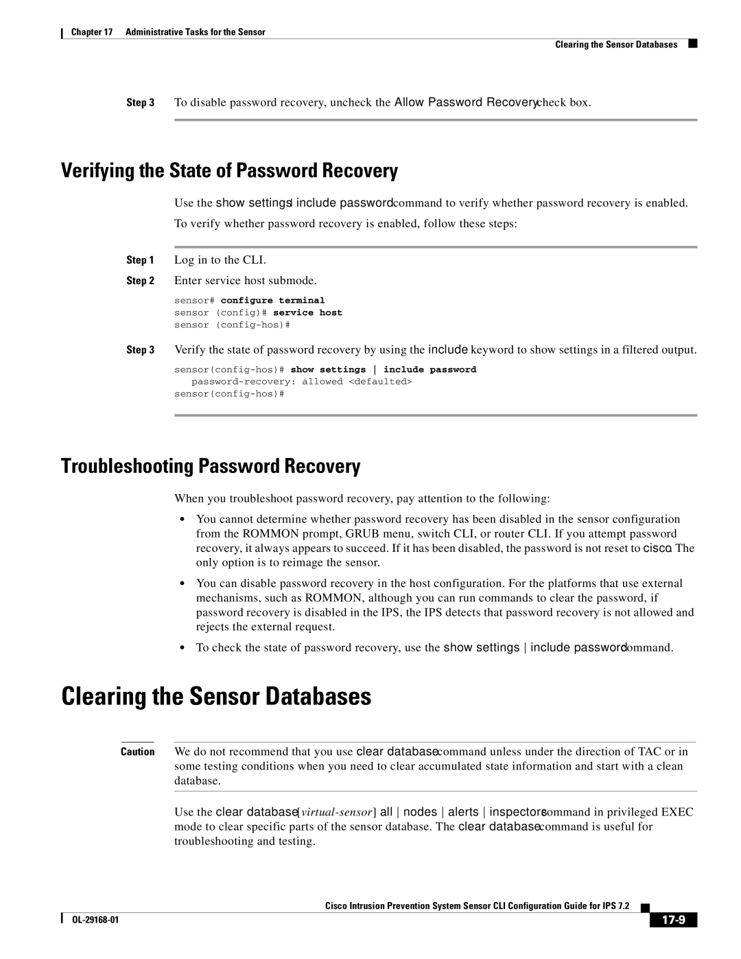 Cisco Systems IPS4510K9 manual Clearing the Sensor Databases, Verifying the State of Password Recovery, 17-9 