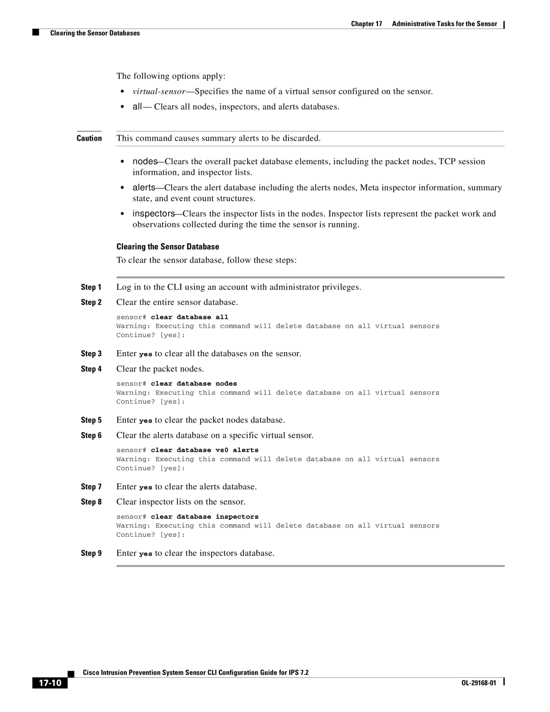 Cisco Systems IPS4510K9 manual Clearing the Sensor Database, Enter yes to clear the inspectors database, 17-10 